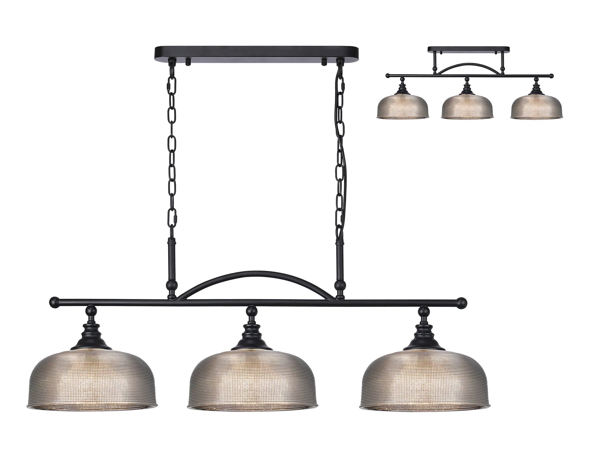 Cleron Semi Flush / Kitchen Light, 2/3 Light Adjustable E27, Satin Nickel, Polished Nickel, Antique Brass / Prismatic Glass