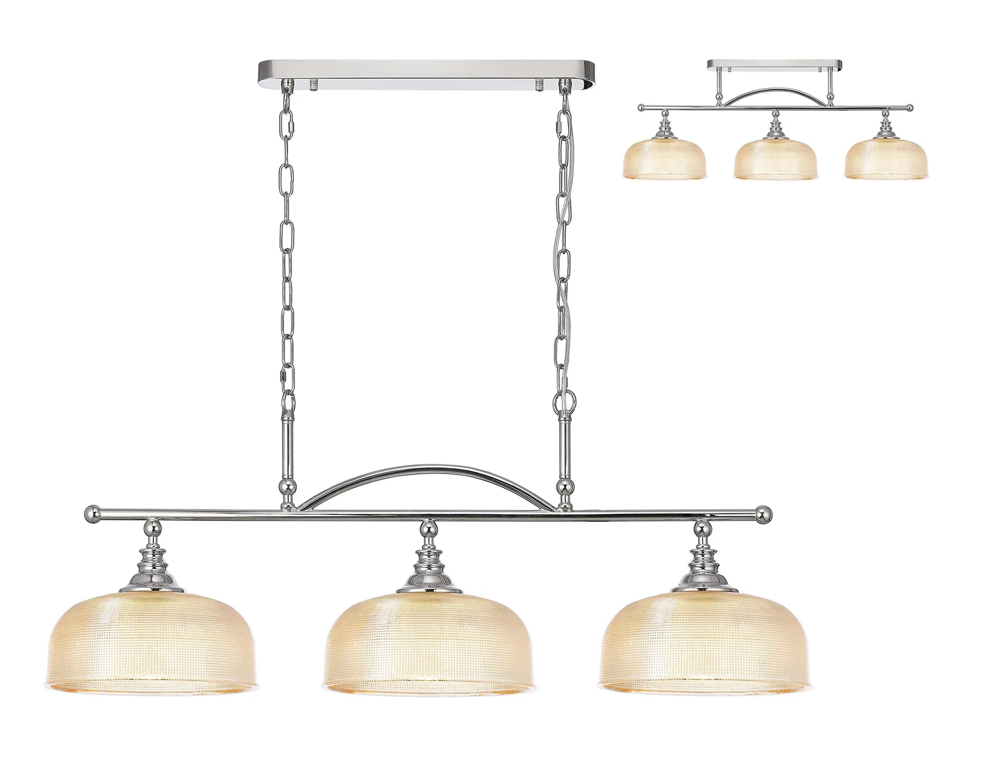 Cleron Semi Flush / Kitchen Light, 2/3 Light Adjustable E27, Satin Nickel, Polished Nickel, Antique Brass / Prismatic Glass