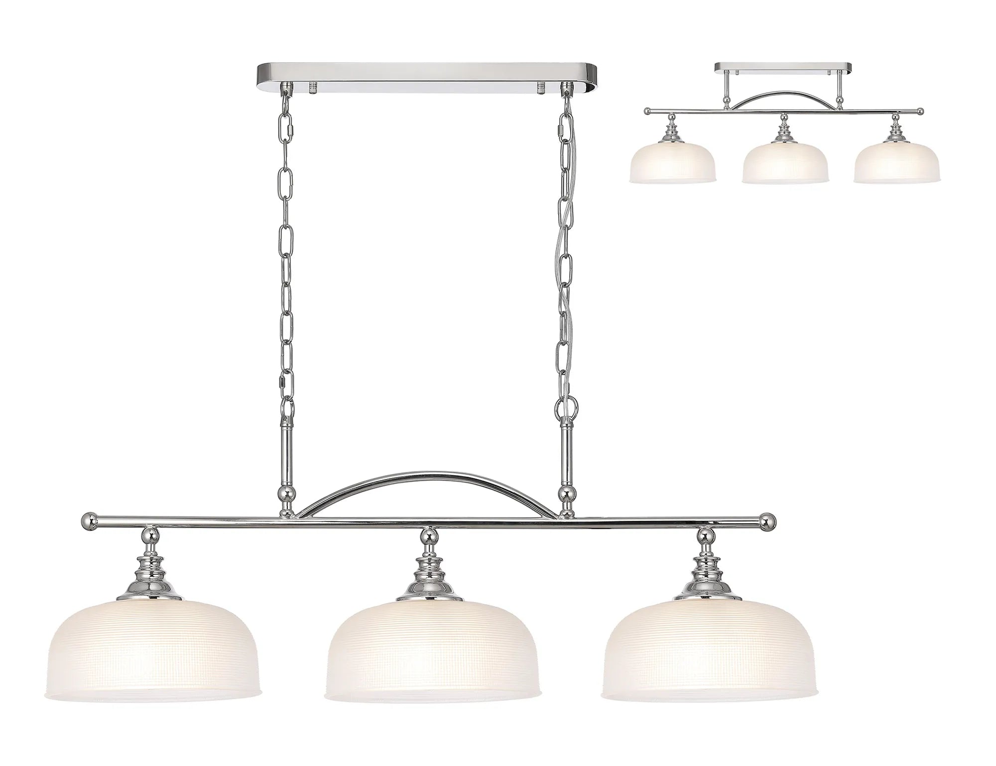 Cleron Semi Flush / Kitchen Light, 2/3 Light Adjustable E27, Satin Nickel, Polished Nickel, Antique Brass / Prismatic Glass