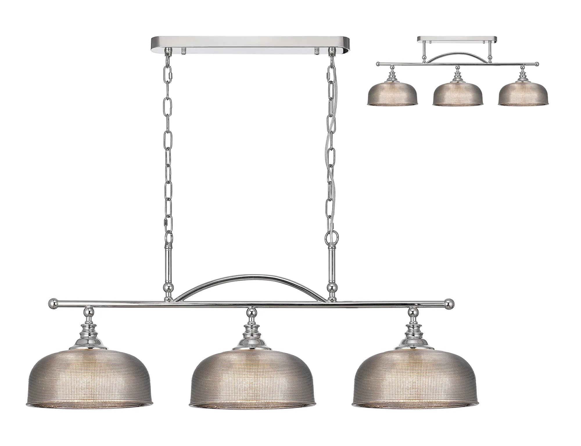 Cleron Semi Flush / Kitchen Light, 2/3 Light Adjustable E27, Satin Nickel, Polished Nickel, Antique Brass / Prismatic Glass