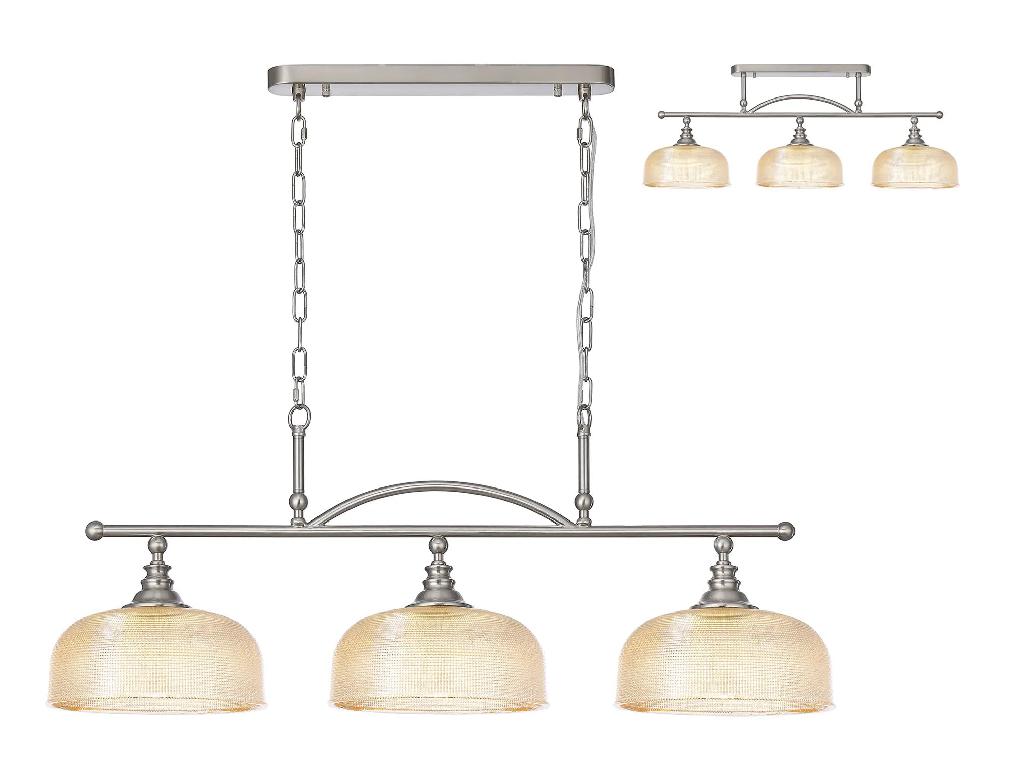 Cleron Semi Flush / Kitchen Light, 2/3 Light Adjustable E27, Satin Nickel, Polished Nickel, Antique Brass / Prismatic Glass