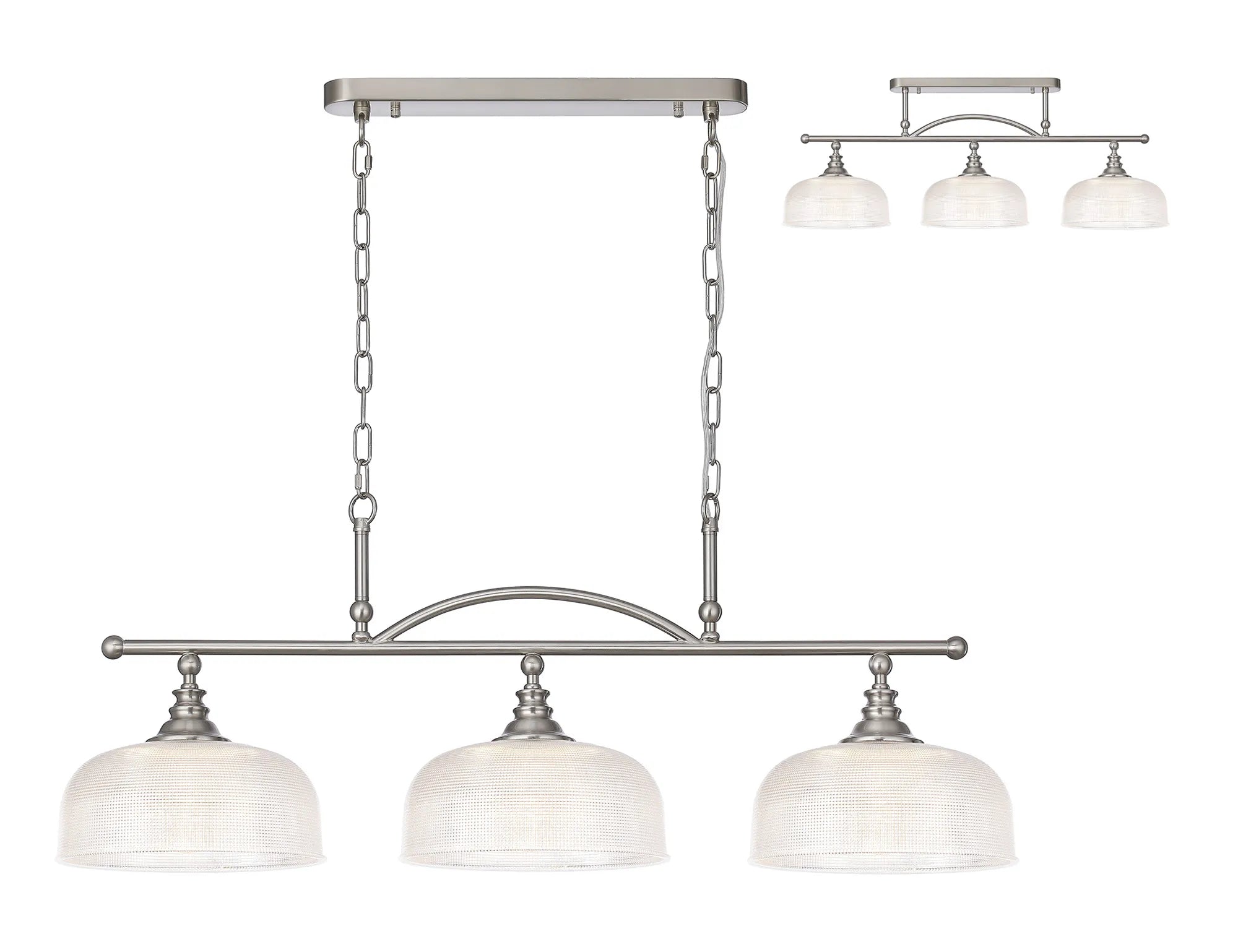 Cleron Semi Flush / Kitchen Light, 2/3 Light Adjustable E27, Satin Nickel, Polished Nickel, Antique Brass / Prismatic Glass