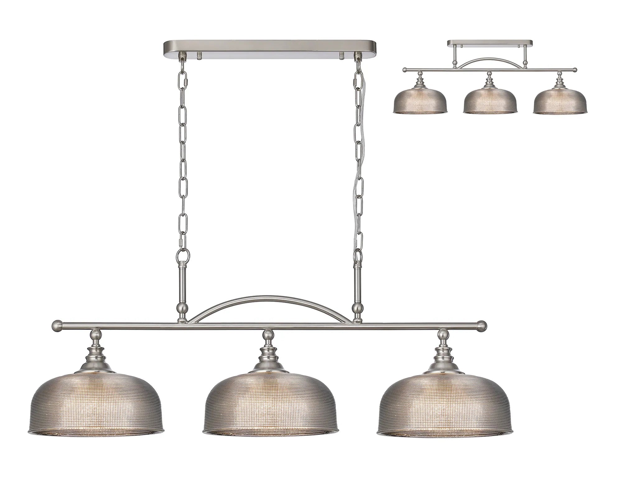 Cleron Semi Flush / Kitchen Light, 2/3 Light Adjustable E27, Satin Nickel, Polished Nickel, Antique Brass / Prismatic Glass