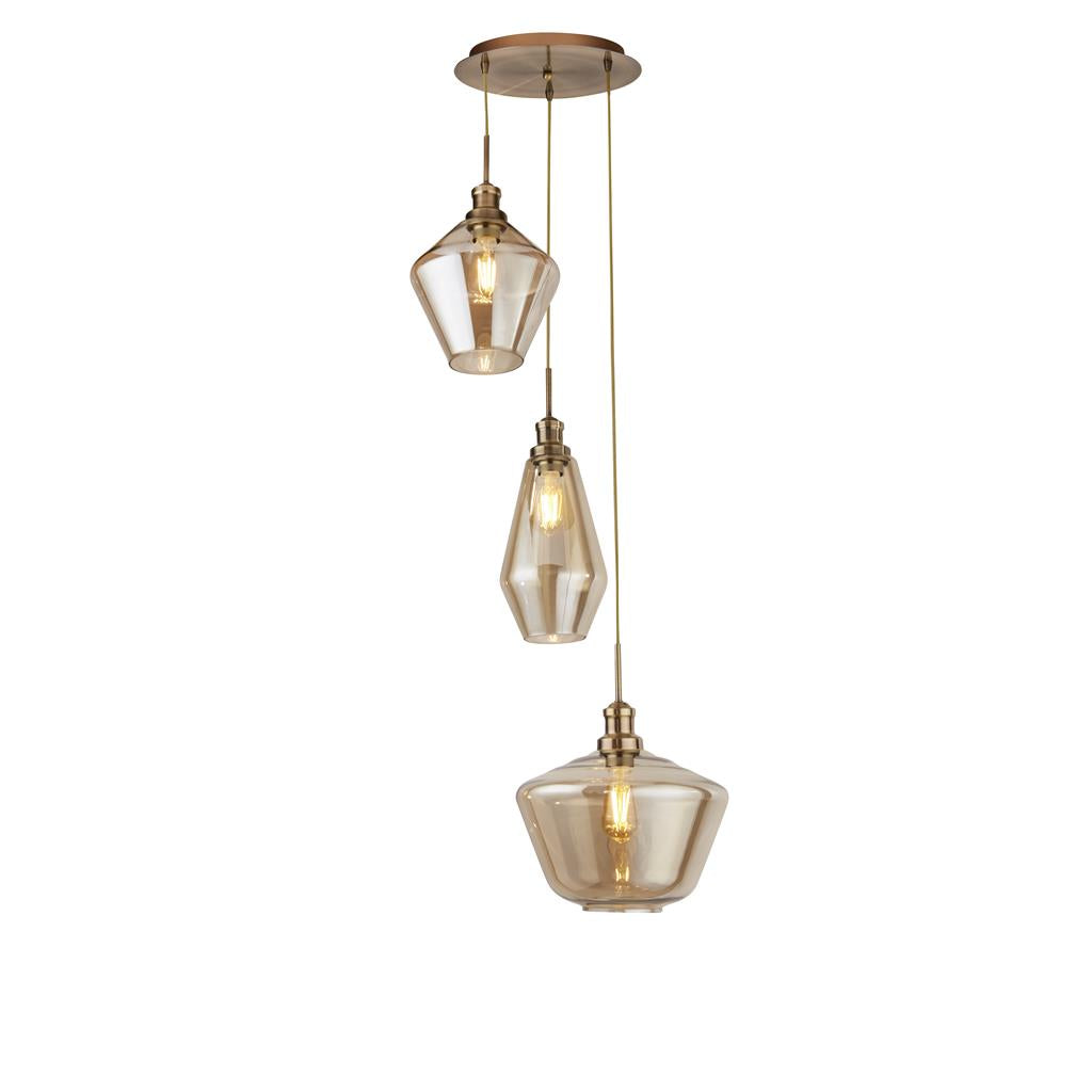 Mia 3Lt Multi-Drop Pendant - Antique Brass/Black Metal,Amber/Smoked Glass E27