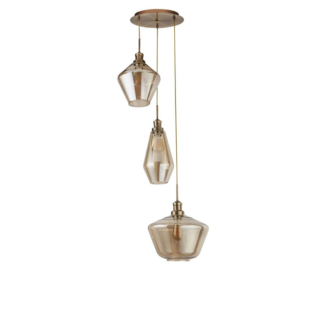 Mia 3Lt Multi-Drop Pendant - Antique Brass/Black Metal,Amber/Smoked Glass E27
