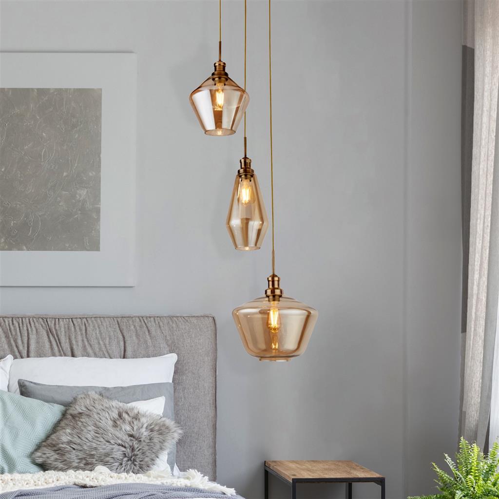 Mia 3Lt Multi-Drop Pendant - Antique Brass/Black Metal,Amber/Smoked Glass E27
