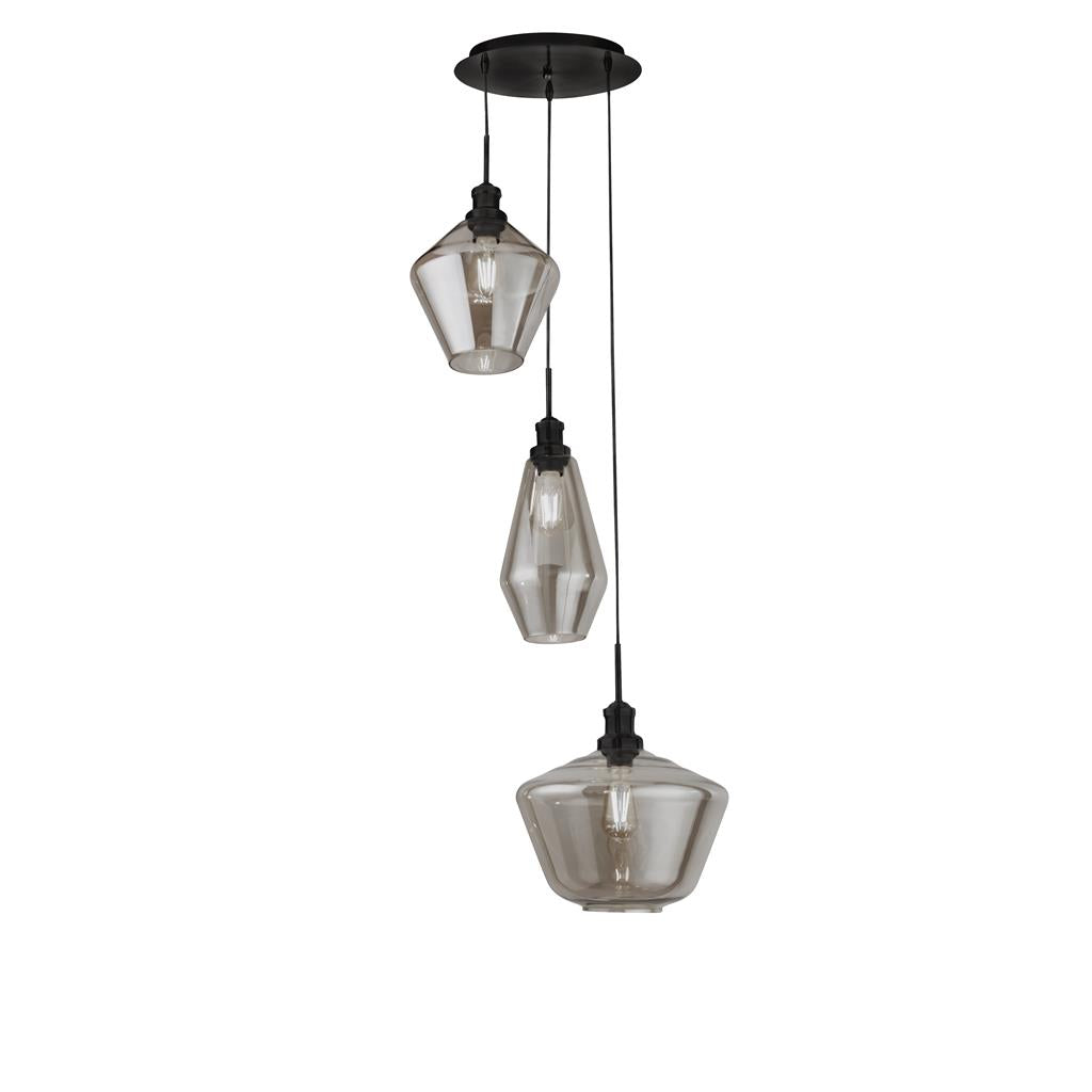 Mia 3Lt Multi-Drop Pendant - Antique Brass/Black Metal,Amber/Smoked Glass E27