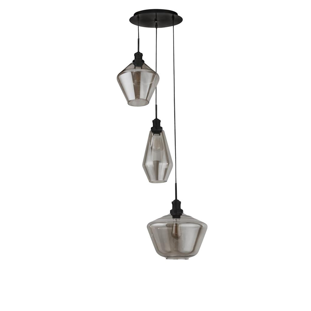 Mia 3Lt Multi-Drop Pendant - Antique Brass/Black Metal,Amber/Smoked Glass E27