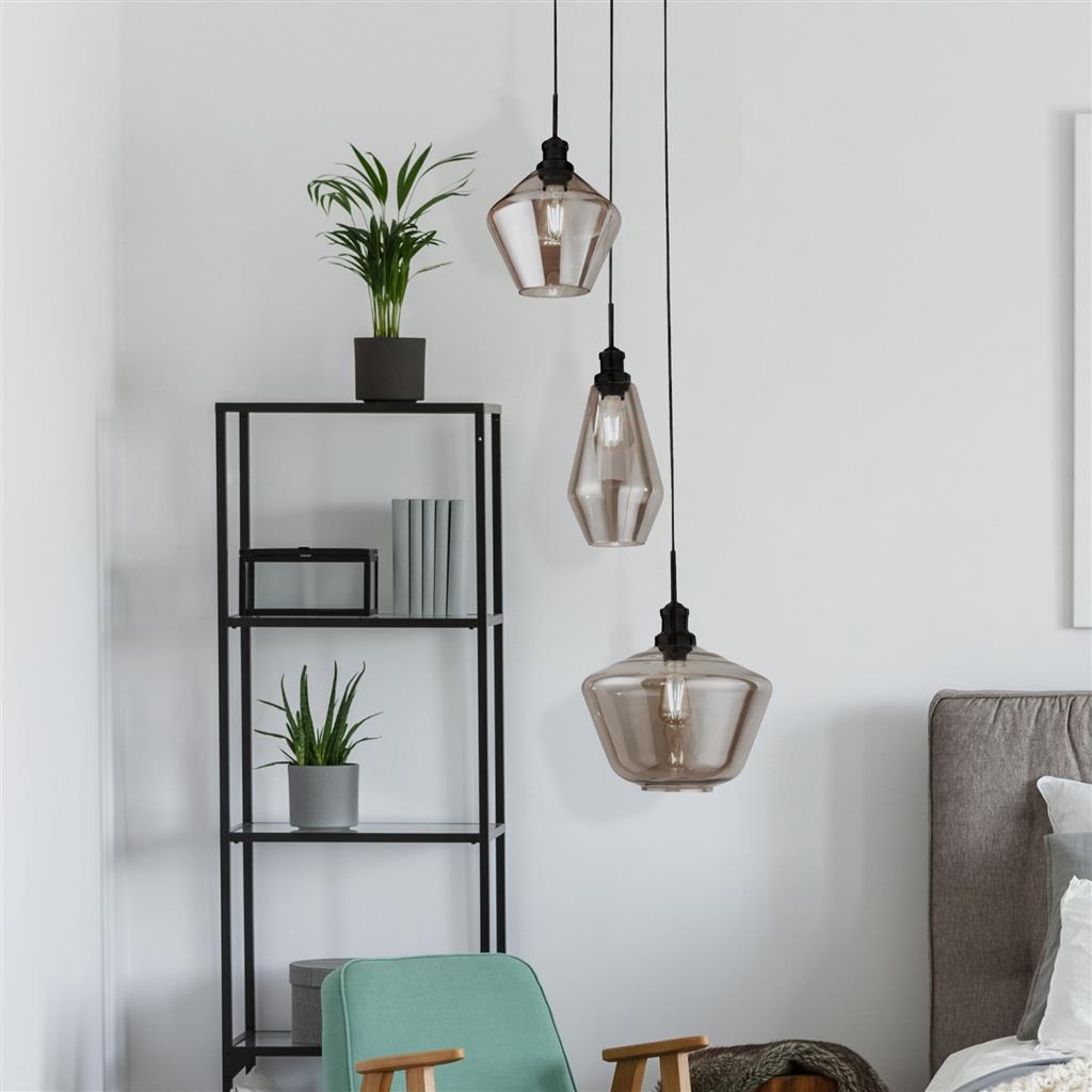 Mia 3Lt Multi-Drop Pendant - Antique Brass/Black Metal,Amber/Smoked Glass E27