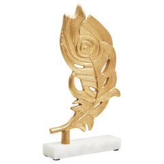 Evra Peacock Feather Sculpture on White Marble Base - Gold Finish