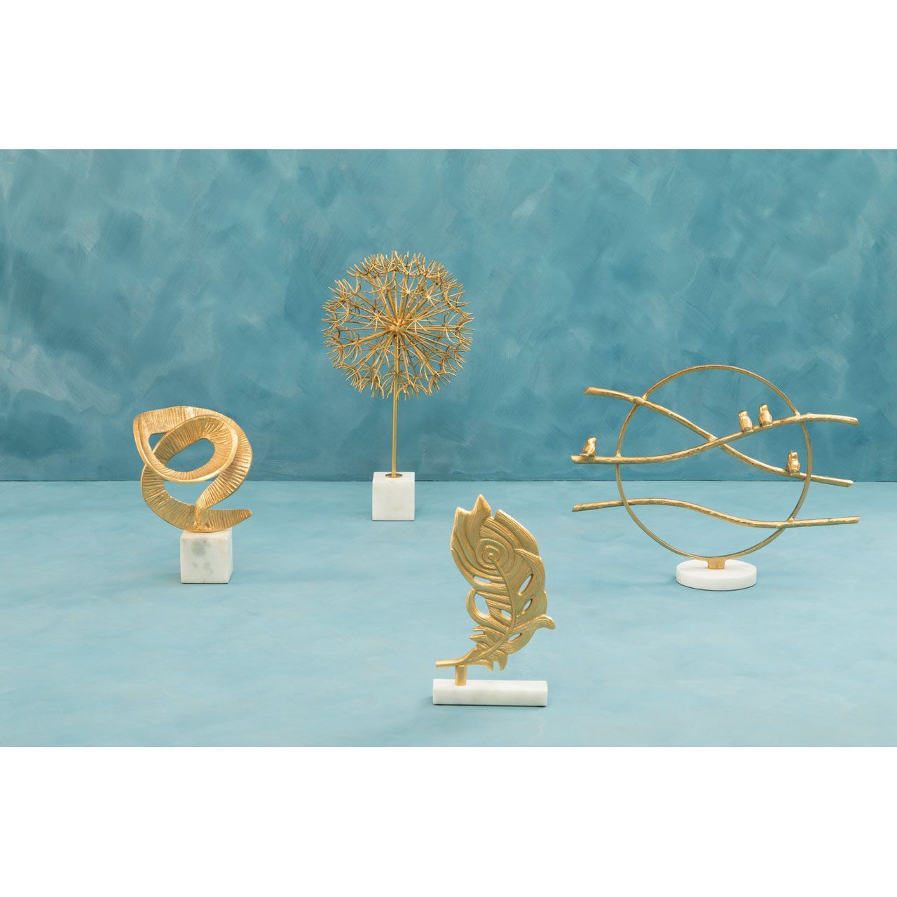 Evra Peacock Feather Sculpture on White Marble Base - Gold Finish