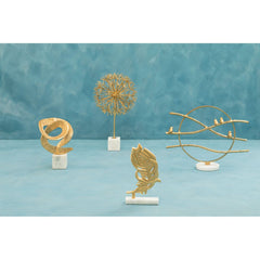 Evra Peacock Feather Sculpture on White Marble Base - Gold Finish
