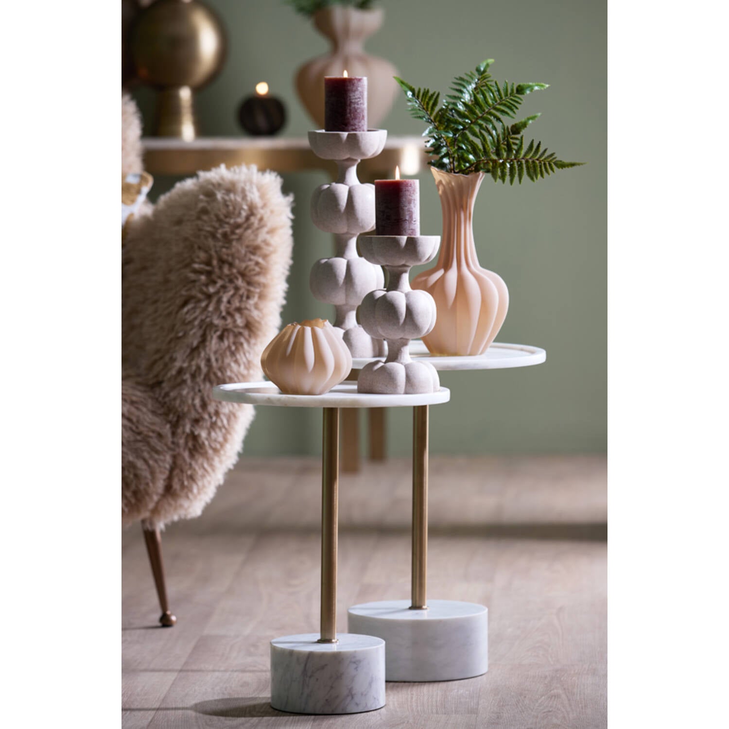 Civita Marble Side Table- White+Antique Bronze