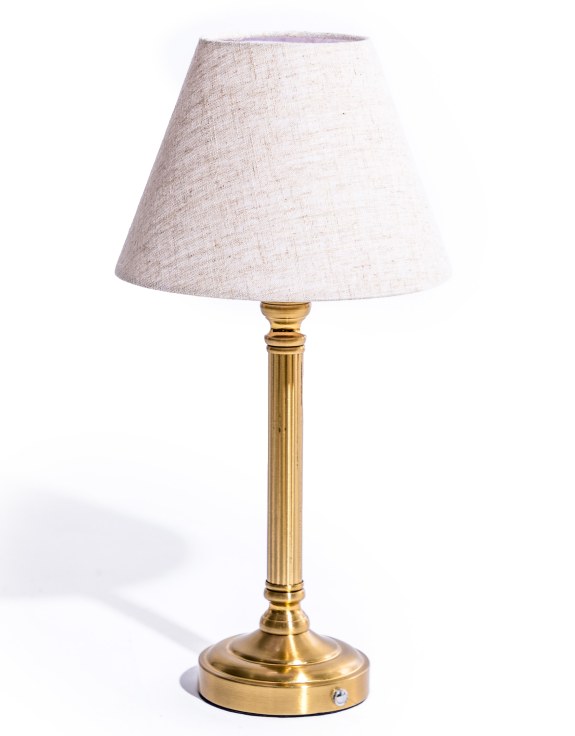 Ribbed Brass Rechargeable Table Lamp with Oatmeal Shade - Christmas Gift