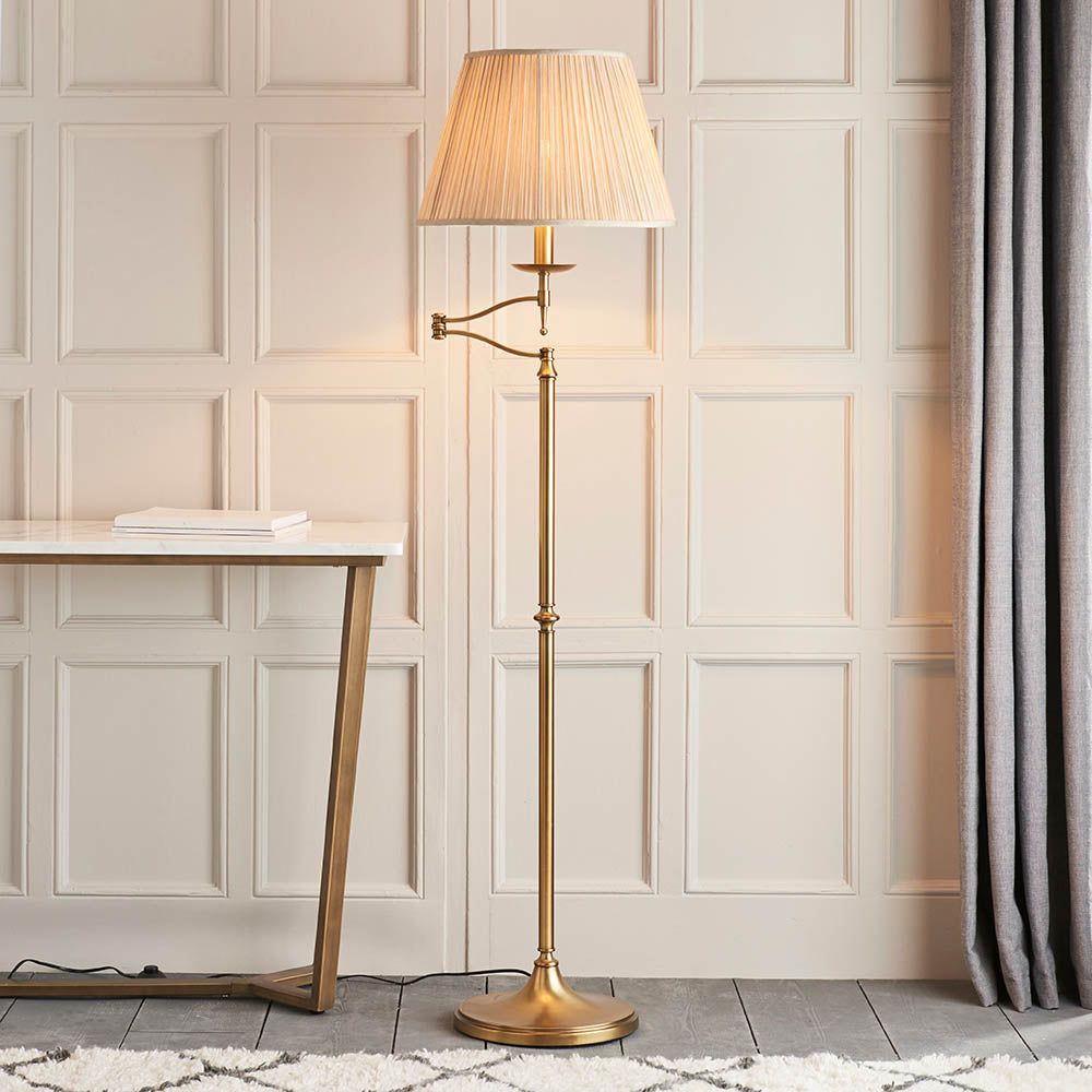 Sirius Swing Arm Floor Lamp Beige Shade - Antique Brass/Nickel Finish E27