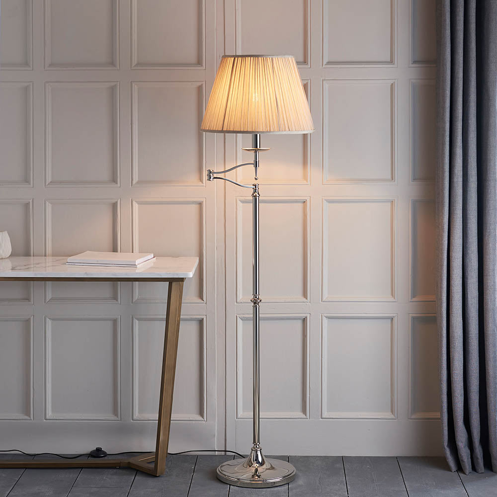 Sirius Swing Arm Floor Lamp Beige Shade - Antique Brass/Nickel Finish E27