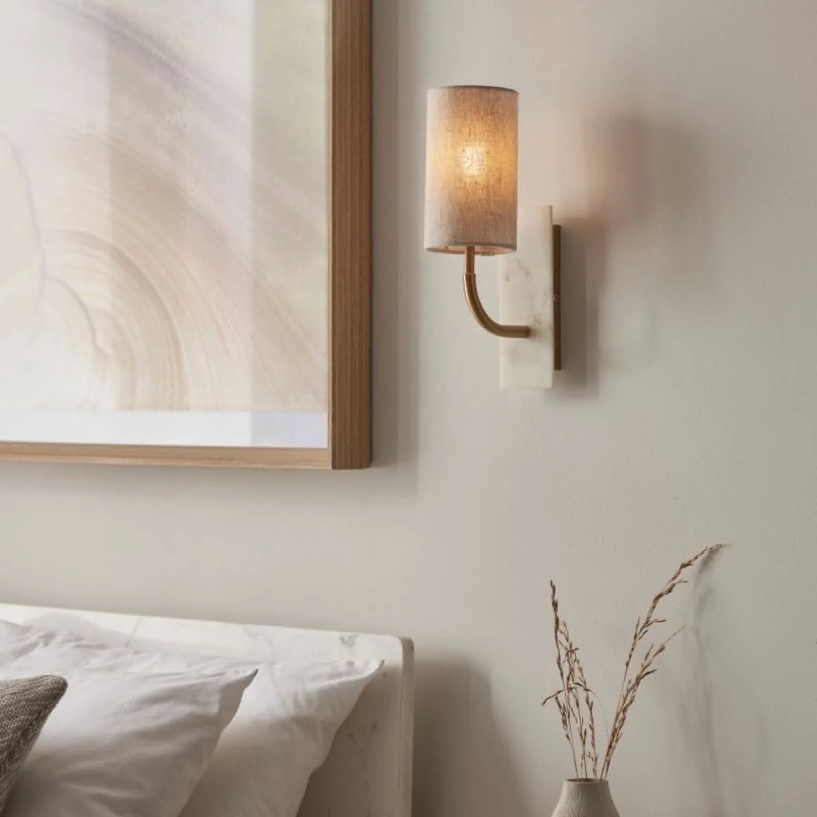 Laurent Vintage Brass & White Marble Wall Lamp with Linen Shade- Curved Base Finish