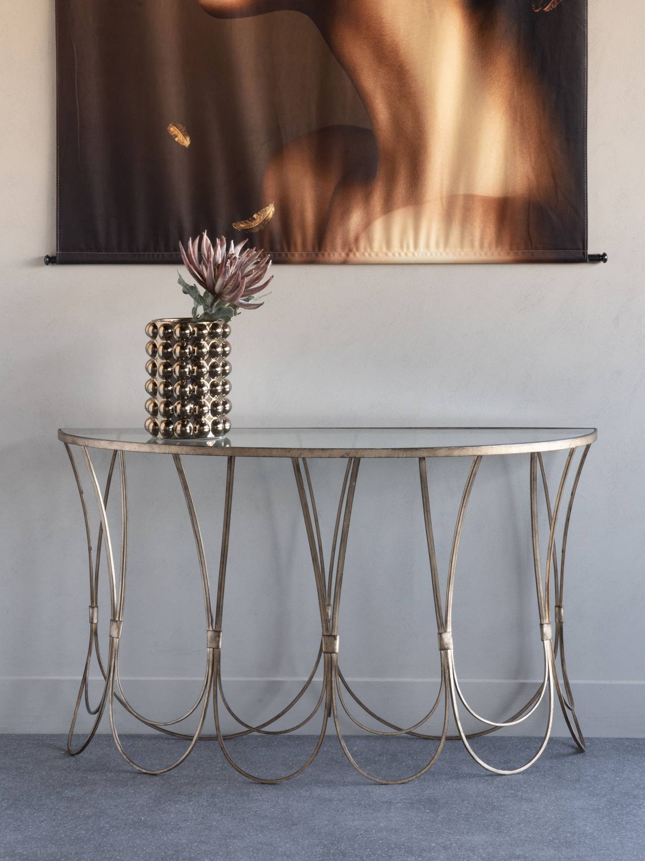 Deco Champagne Iron Console Table With Scallop Detail