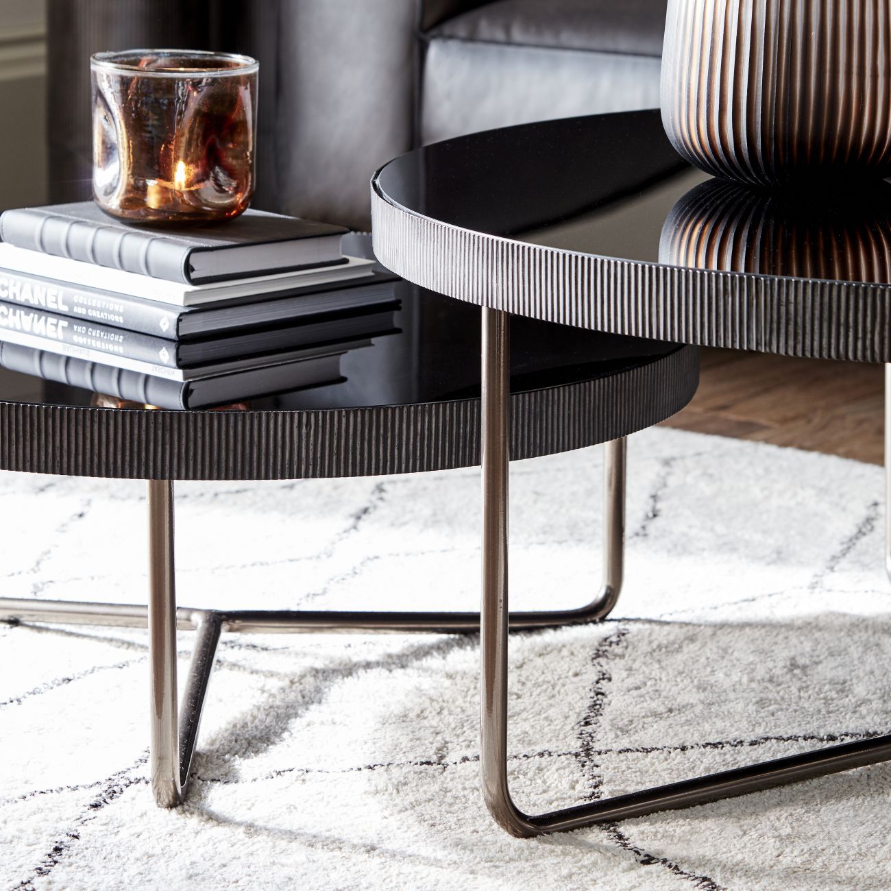 Knightsbridge Round Coffee Table Set of 2 with Black Tinted Glass