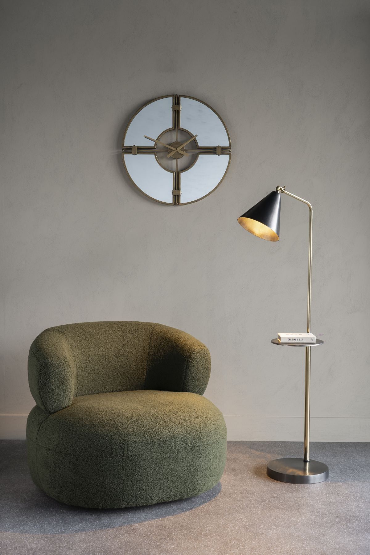 Amelie Brushed Floor Lamp in Satin Grey & Brass with Table