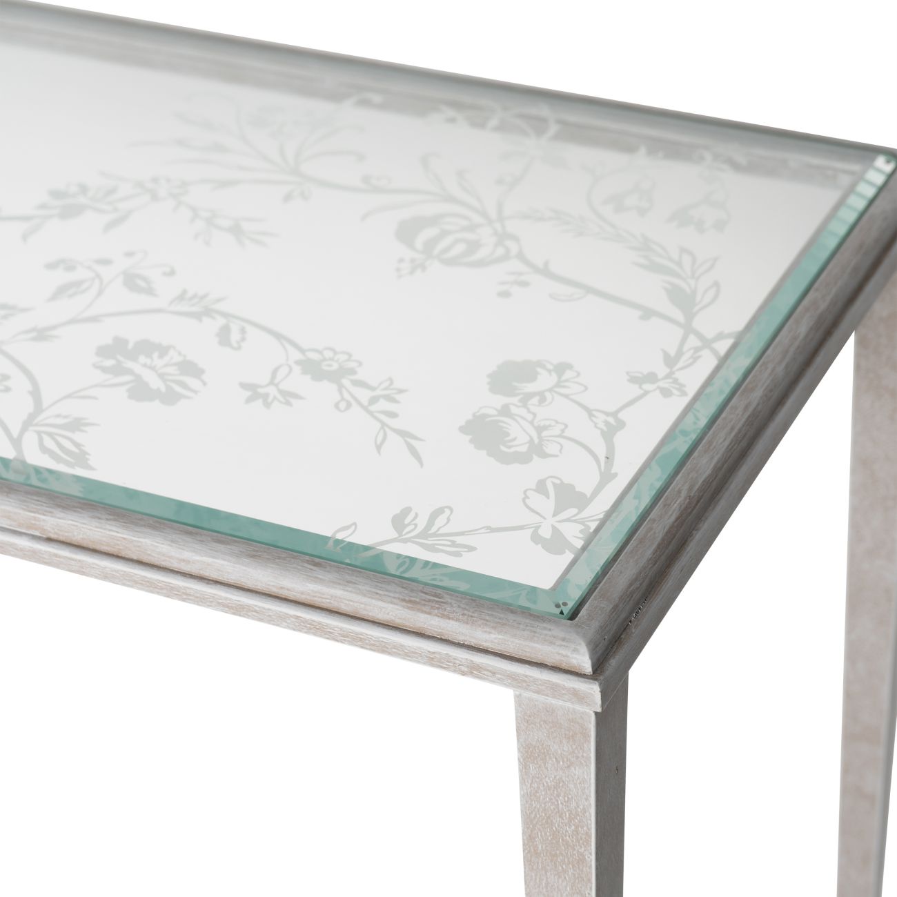 Laura Ashley Aria Etched Glass Distressed White Iron Console Table