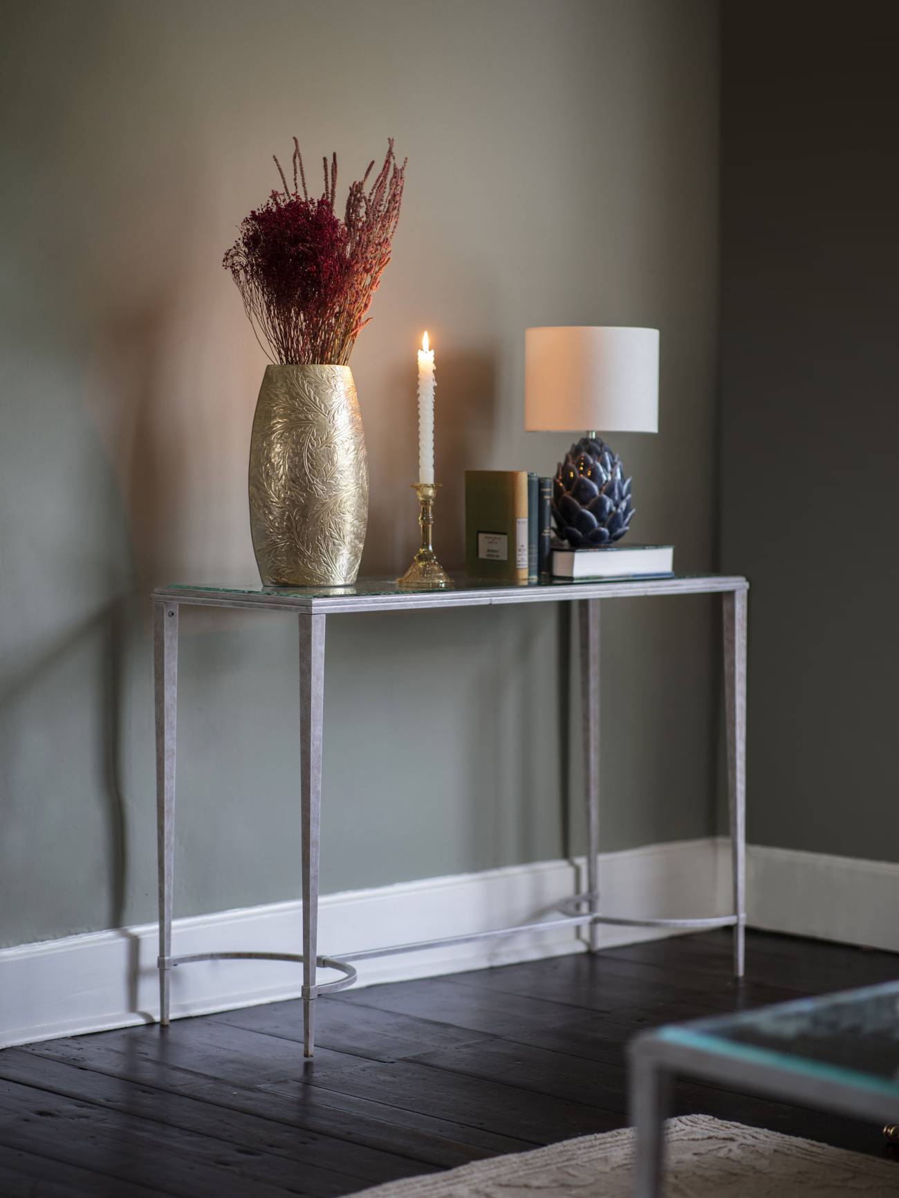 Laura Ashley Aria Etched Glass Distressed White Iron Console Table