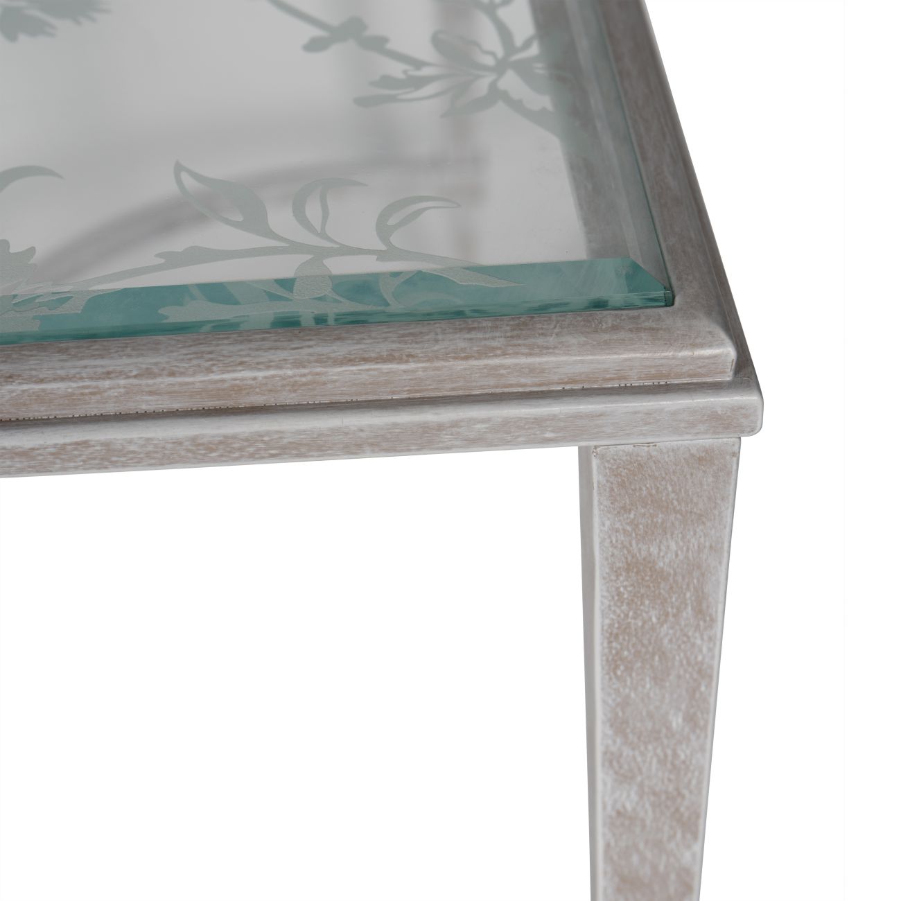 Laura Ashley Aria Etched Glass Distressed White Iron Coffee Table