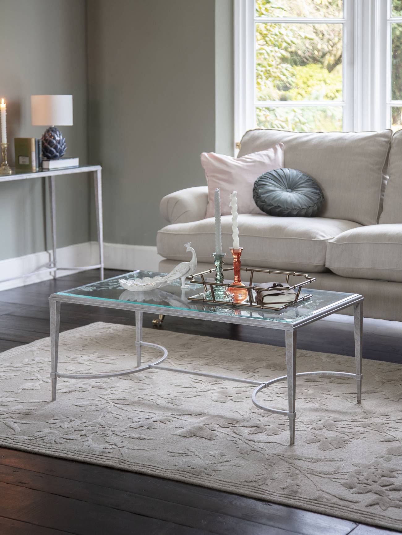 Aria Etched Glass Distressed White Iron Coffee Table