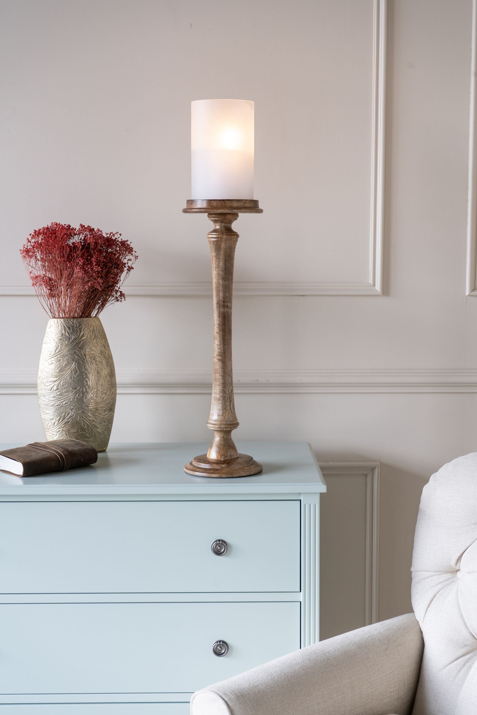 Large Wooden Pedestal Hurricane with Frosted Glass