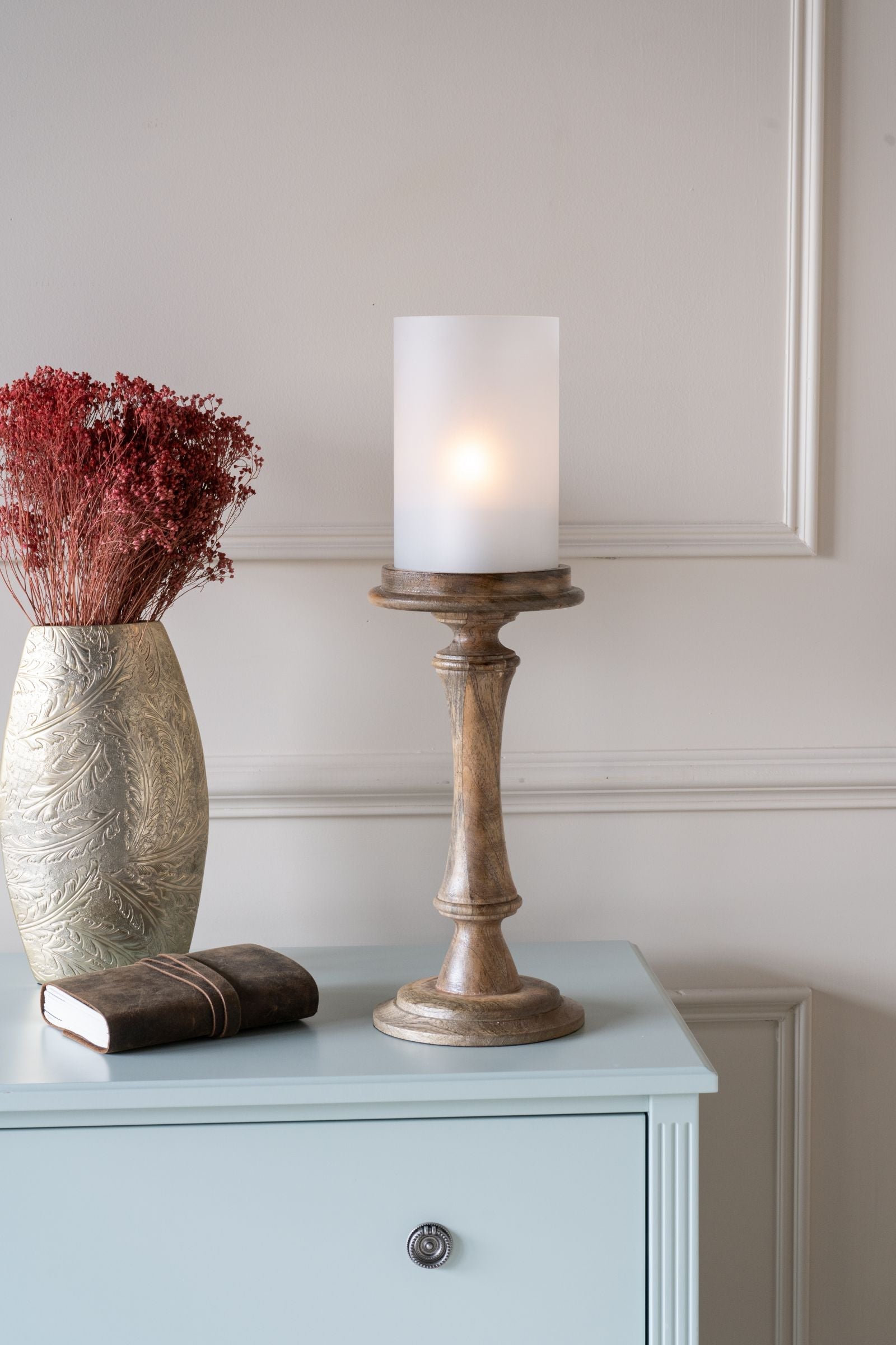 Small Wooden Pedestal Hurricane with Frosted Glass
