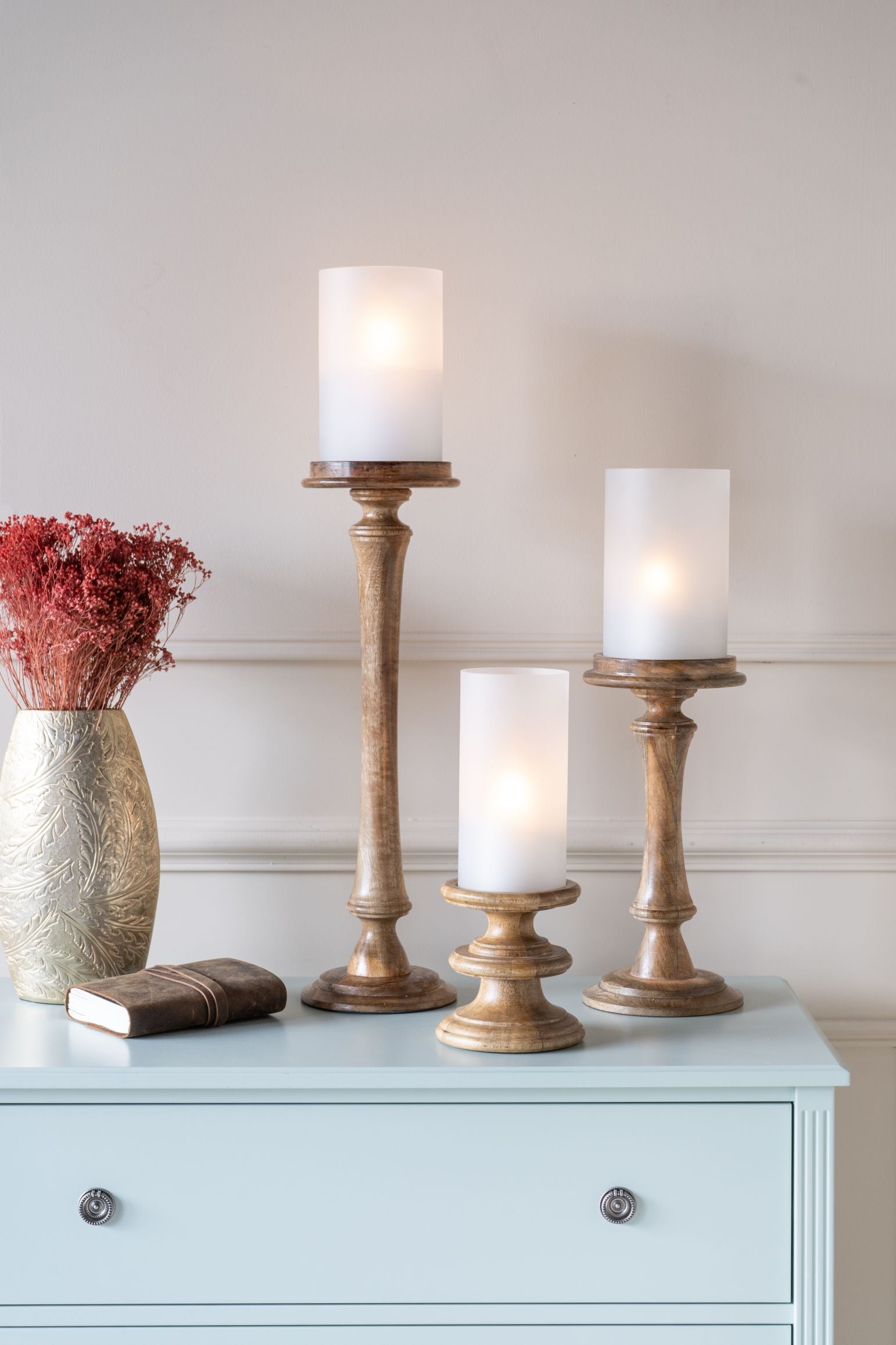 Small Wooden Pedestal Hurricane with Frosted Glass
