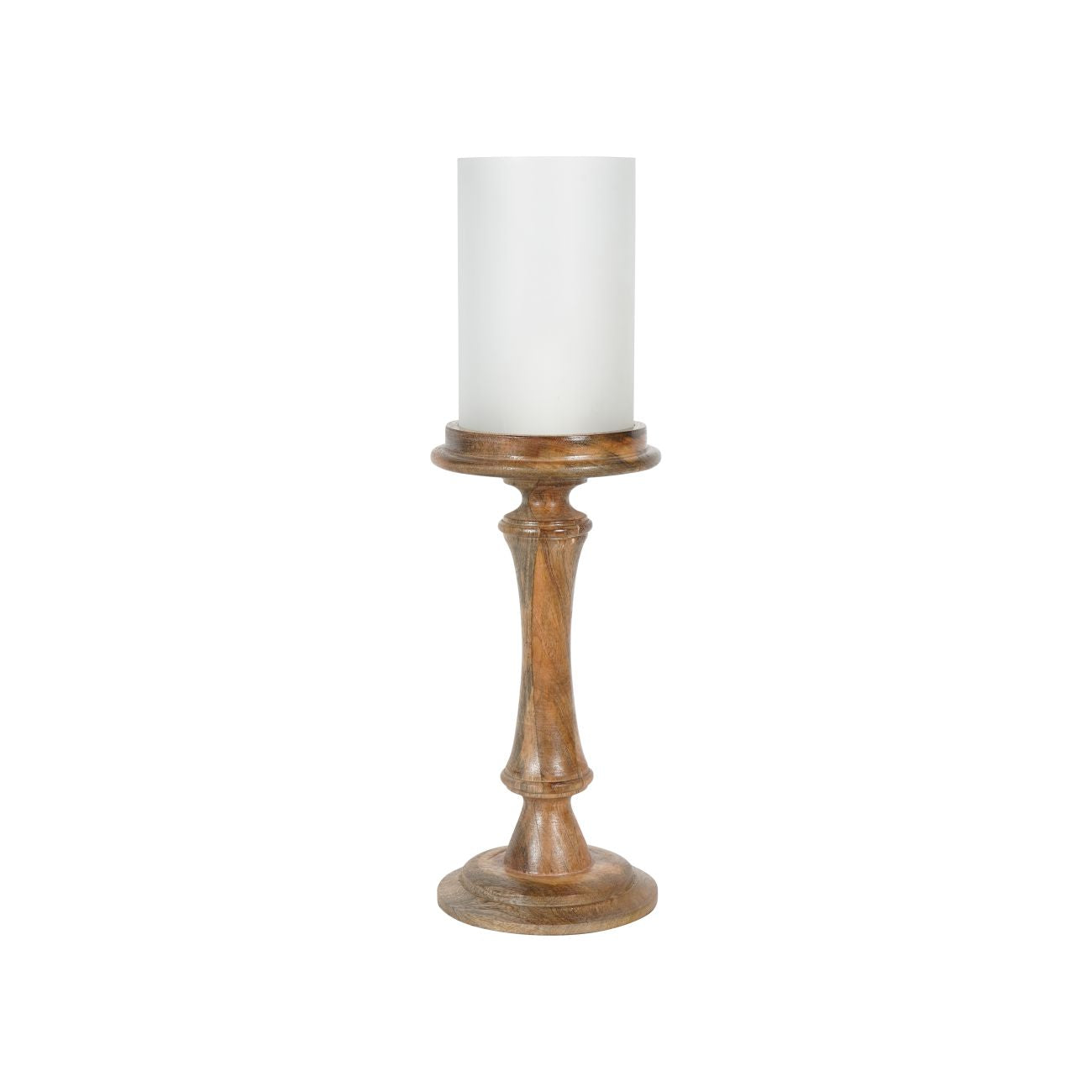 Small Wooden Pedestal Hurricane with Frosted Glass