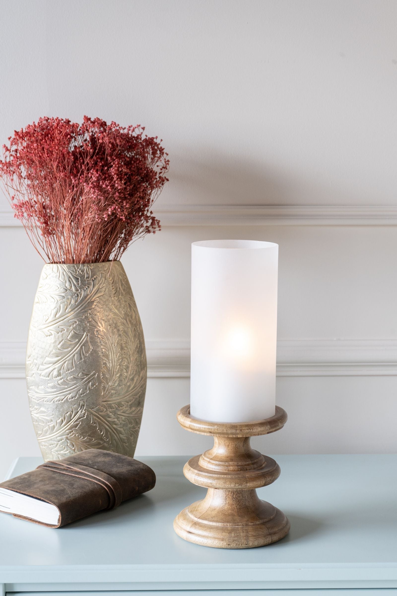 Wooden Plinth Hurricane with Frosted Glass