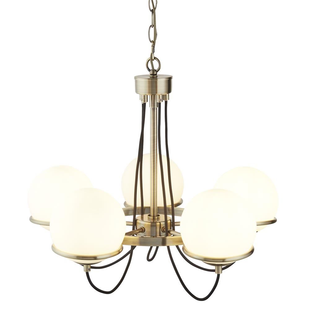 Sphere 5/8Lt Multi-Arm Pendant - Antique Brass Metal & Opal Glass