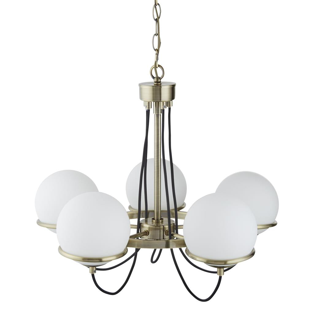 Sphere 5/8Lt Multi-Arm Pendant - Antique Brass Metal & Opal Glass