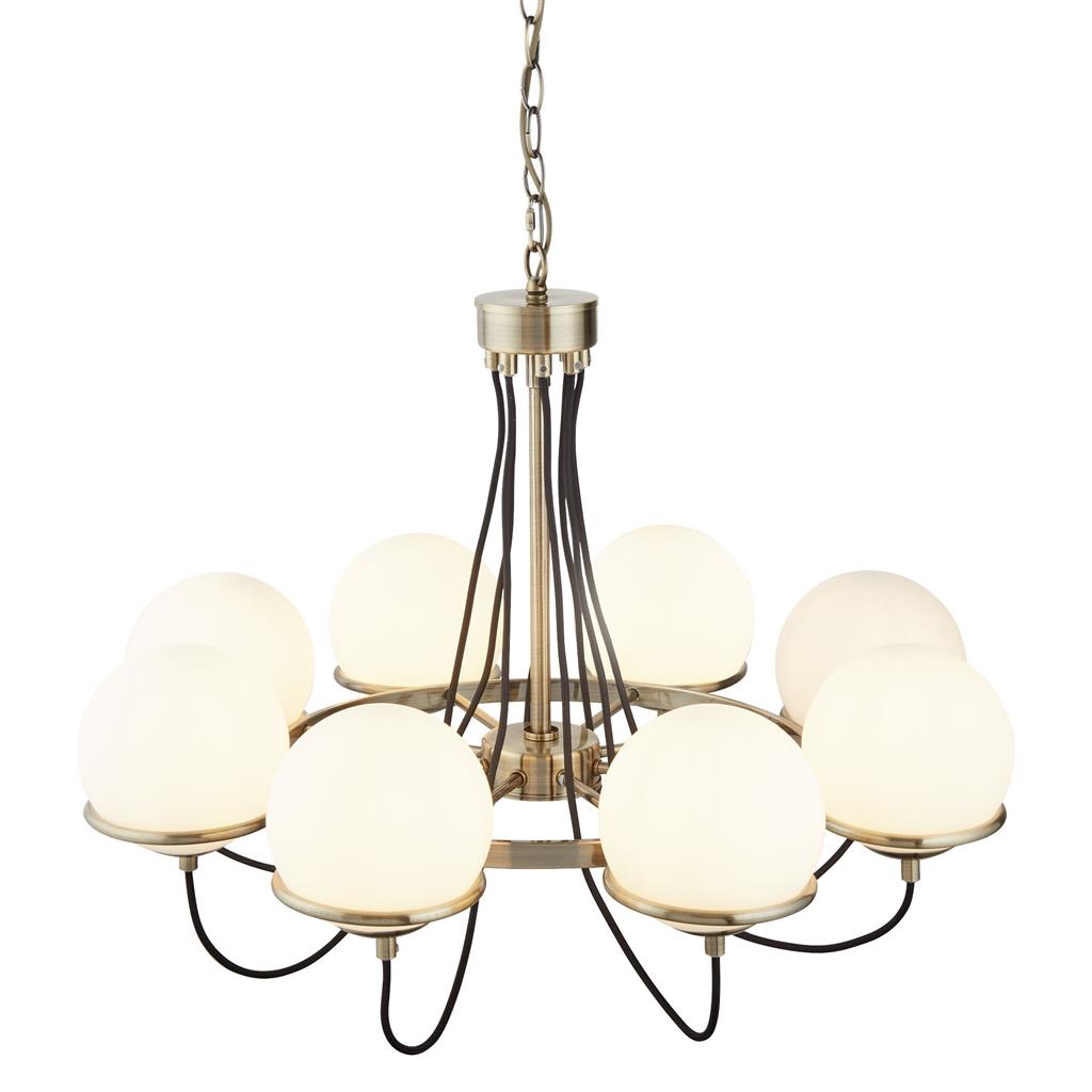 Sphere 5/8Lt Multi-Arm Pendant - Antique Brass Metal & Opal Glass