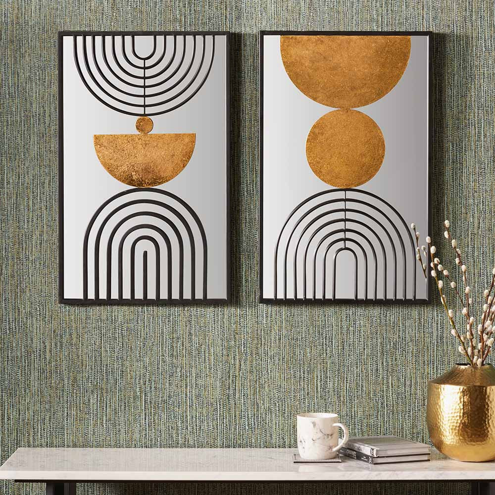 S/2 Mirrored, Black and Gold Metal Wall Art