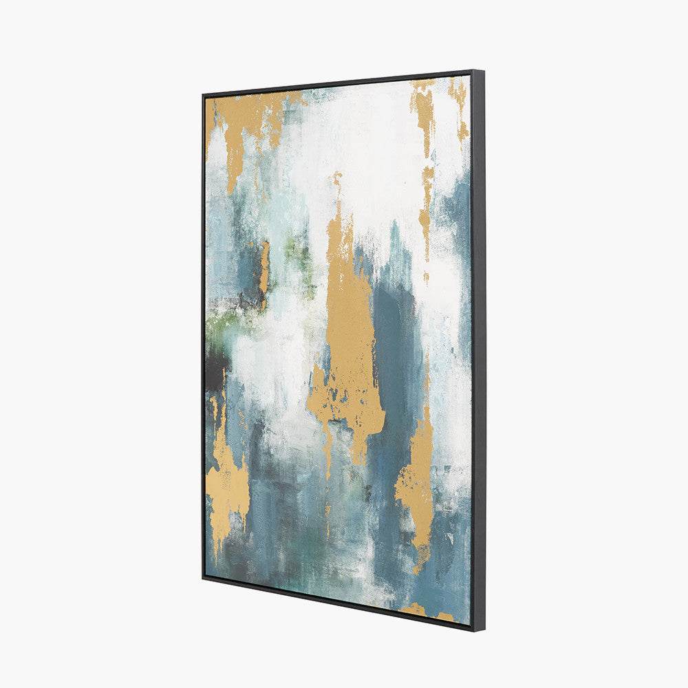 Gold and Blue Tone Abstract Canvas with Black Frame