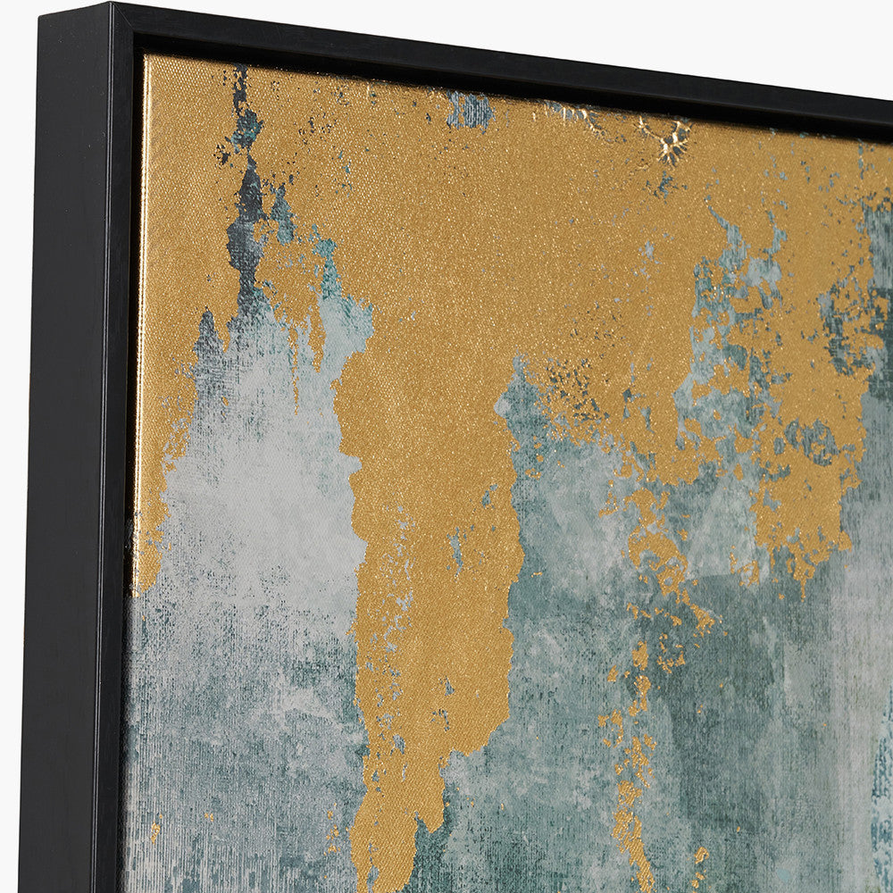 Gold and Blue Tone Abstract Canvas with Black Frame