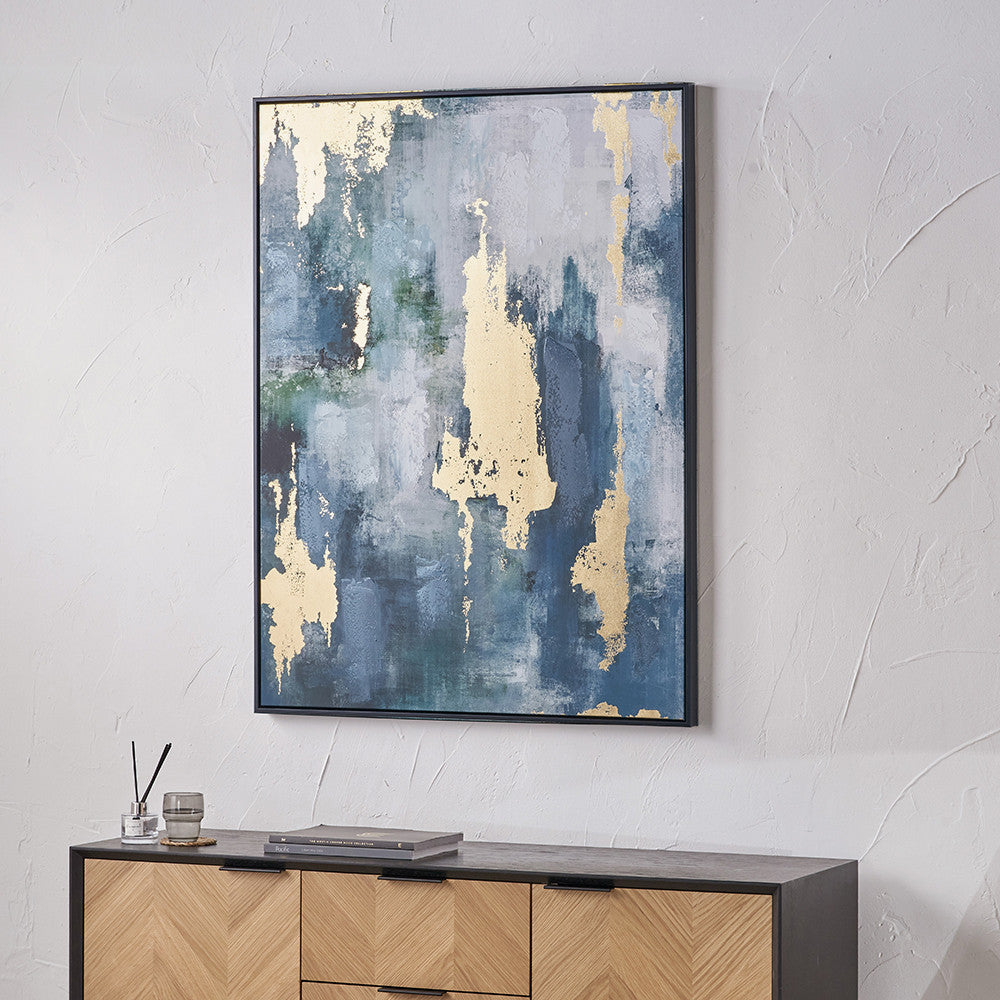 Gold and Blue Tone Abstract Canvas with Black Frame