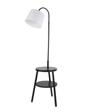 Ridge Shelf Floor Lamp - Black Metal, Wood & White Fabric Shade E27