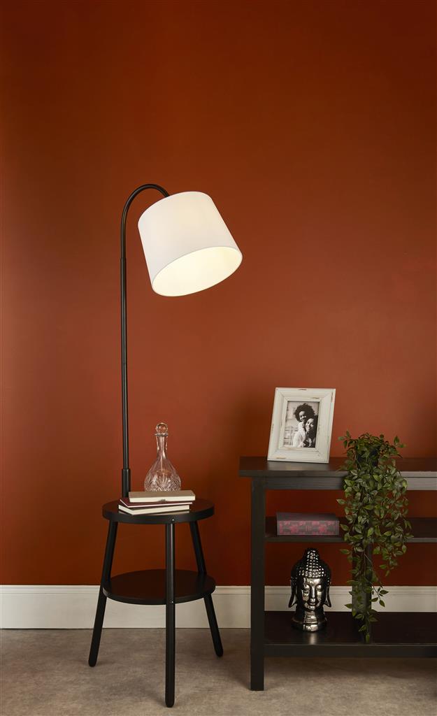 Ridge Shelf Floor Lamp - Black Metal, Wood & White Fabric Shade E27