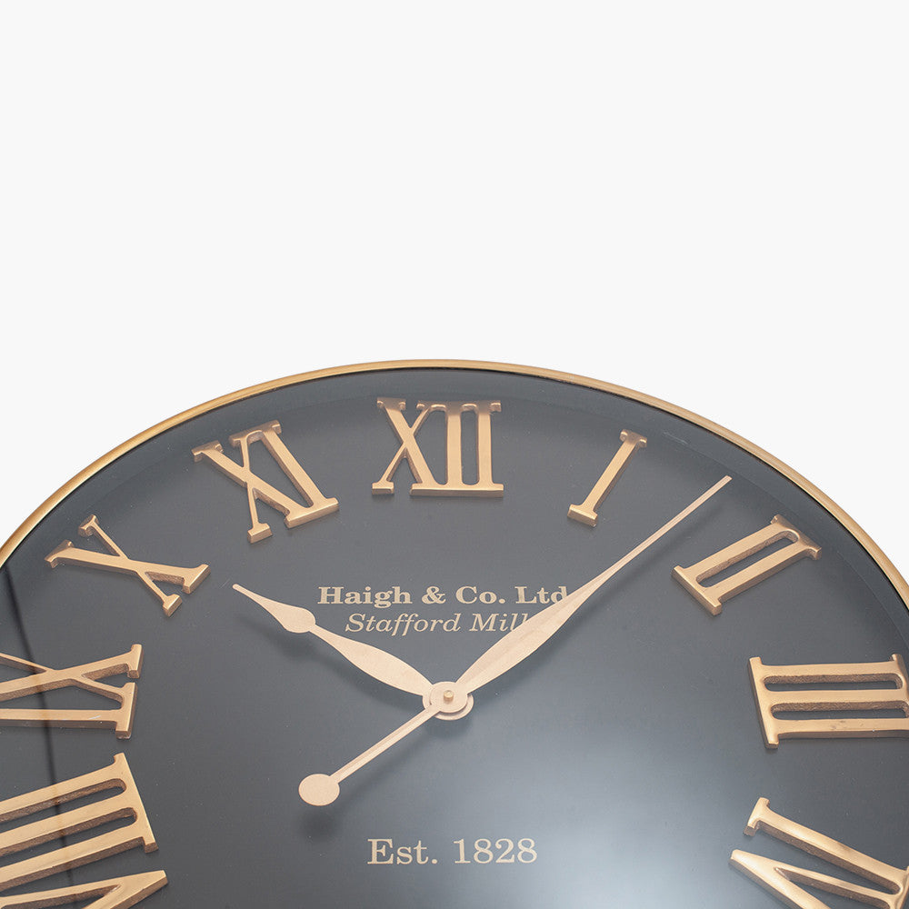 Round Wall Clock - Antique Gold & Black Metal Finish