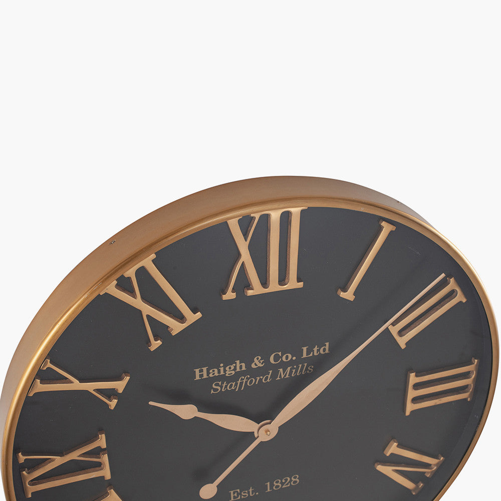 Round Wall Clock - Antique Gold & Black Metal Finish