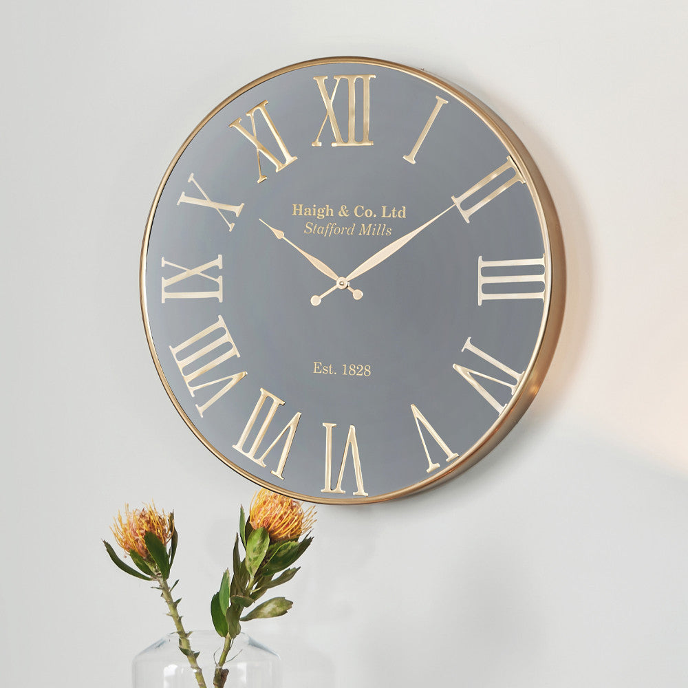Round Wall Clock - Antique Gold & Black Metal Finish