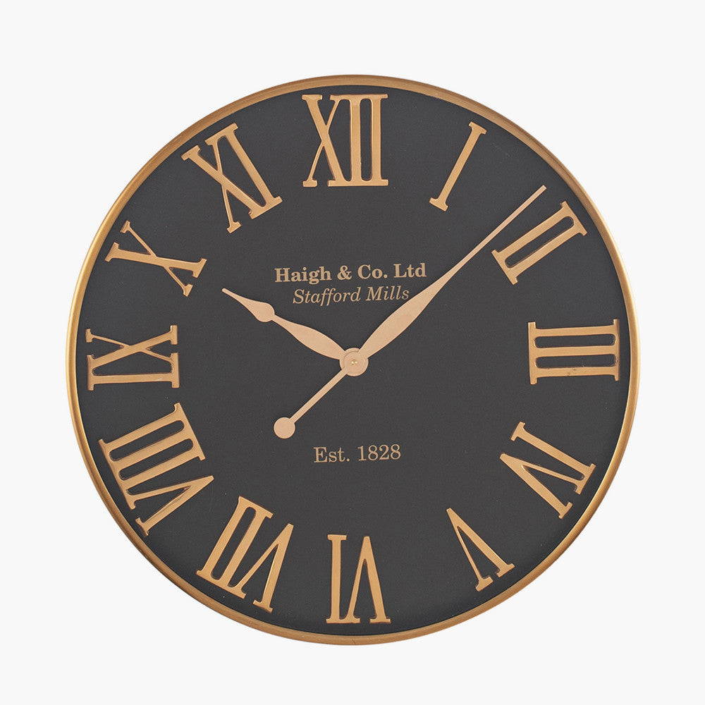 Round Wall Clock - Antique Gold & Black Metal Finish