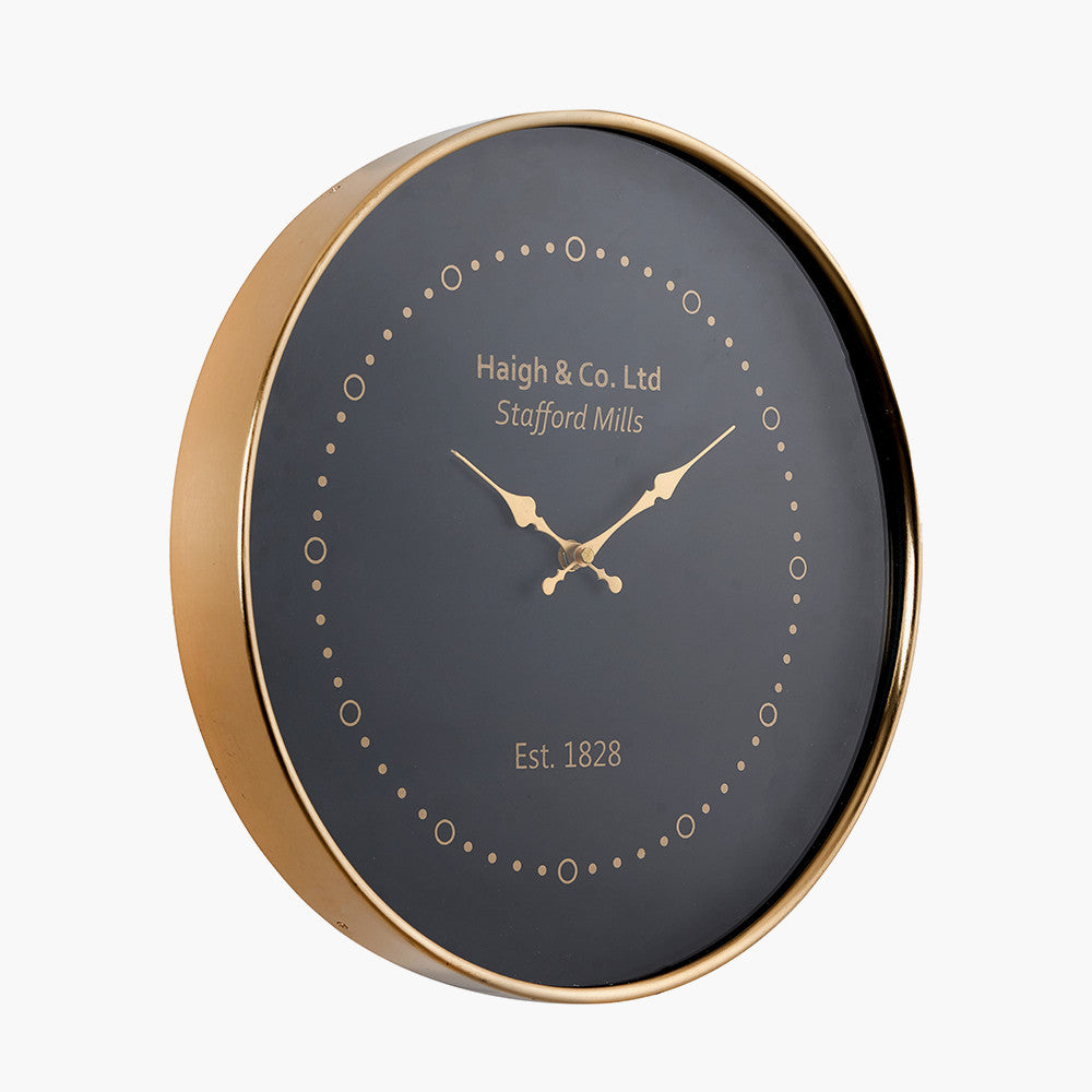 Antique Brass Framed Wall Clock - Black Finish