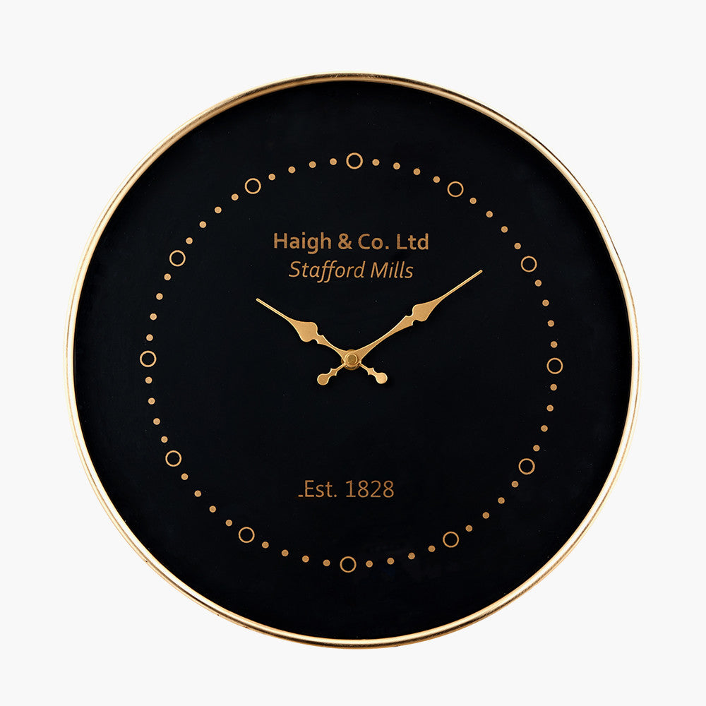Antique Brass Framed Wall Clock - Black Finish