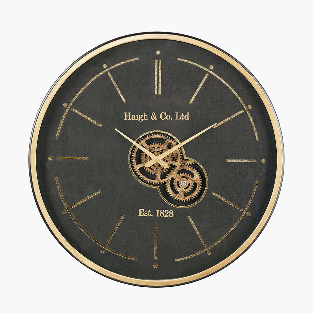 Black and Champagne Gold Wood Working Cog Wall Clock