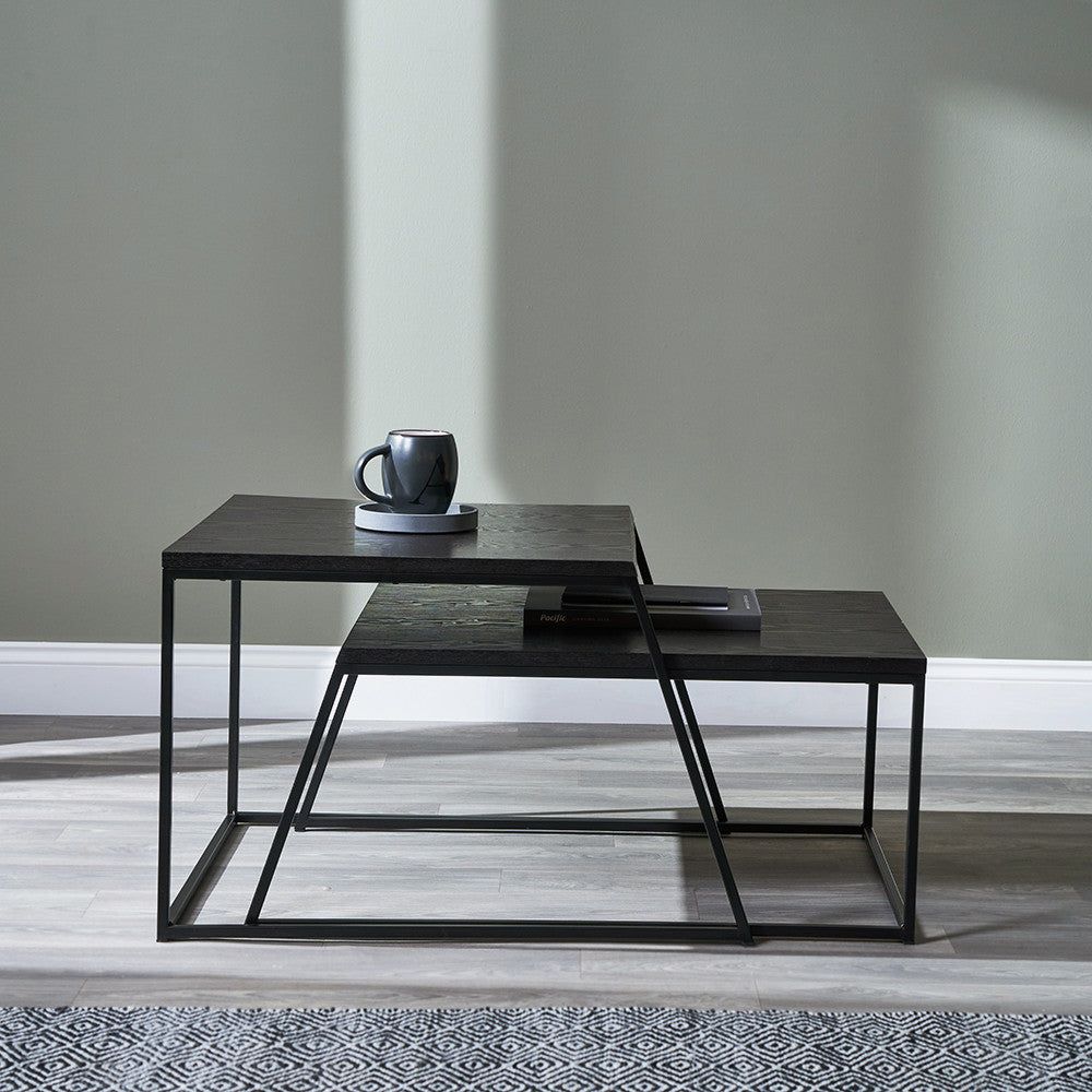 S/2 Mashiko Black Ash Veneer and Black Metal Coffee Tables